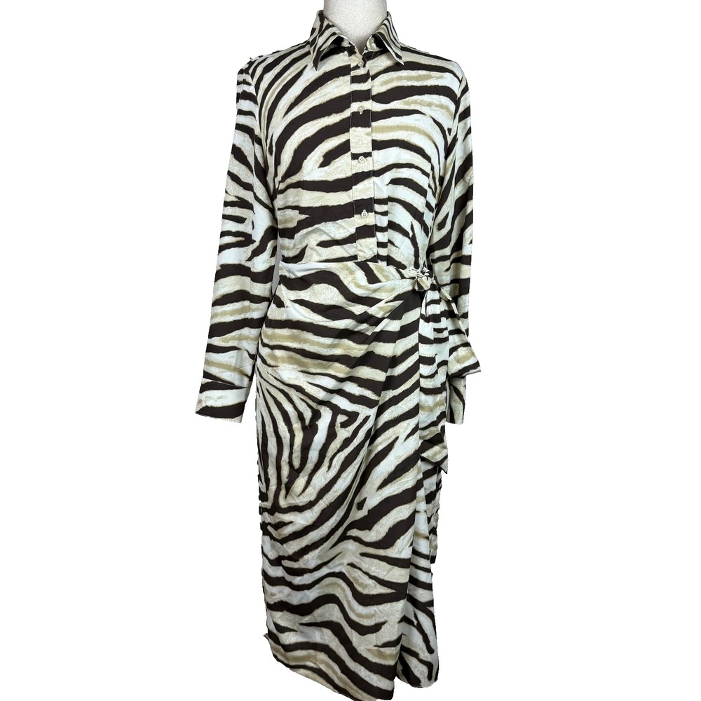 Lauren Ralph Lauren Shirt Dress Women 6 Brown Zebra Print Wrap Midi Classy Luxe